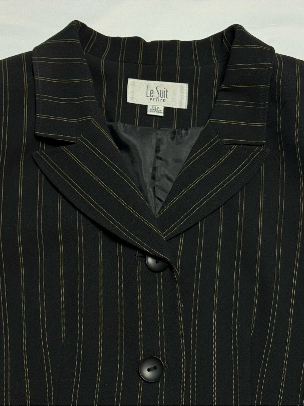 Le Suit Black 2 piece Suit, Blazer & Skirt, with Subtle Gold Pinstripes 14P